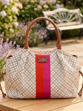 kate spade Beige Canvas Tote with Pink and Red Center Stripe